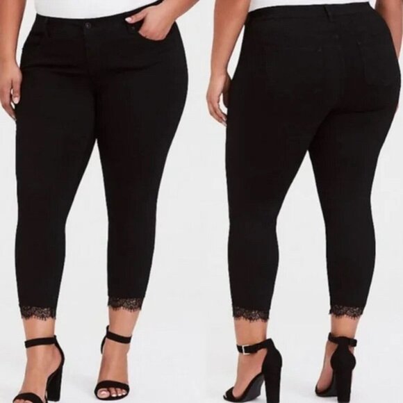 torrid Denim - Torrid Ankle Skinny Lace Hem Jeans Black Women's Plus Size 16 H13659